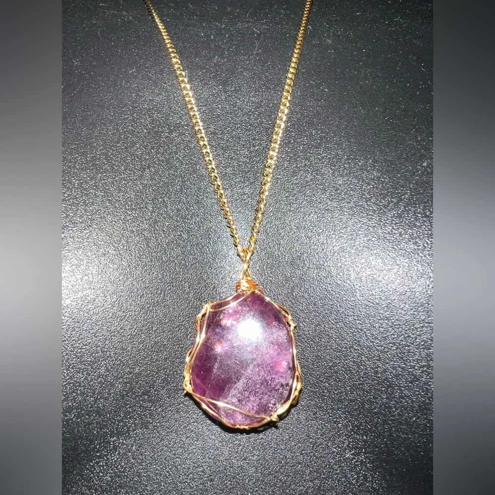 ✨ Deep Purple Fluorite Necklace • Gold Wrapped • 24" Chain ✨ - Picture 3 of 16